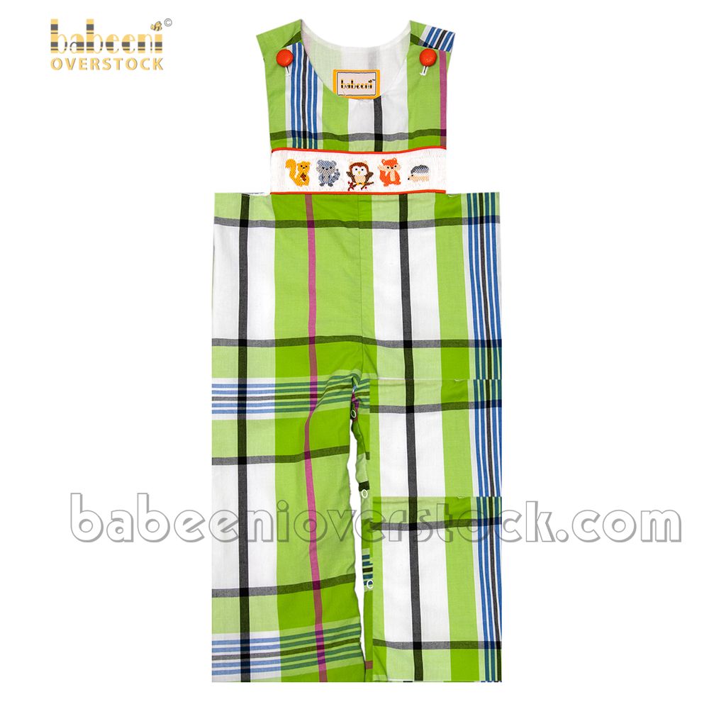 Smocked forest animals lime green and pink plaid longalls - BB2019